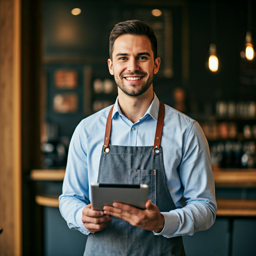 Friendly small business owner smiling while holding a digital tablet in a bright modern local coffee shop