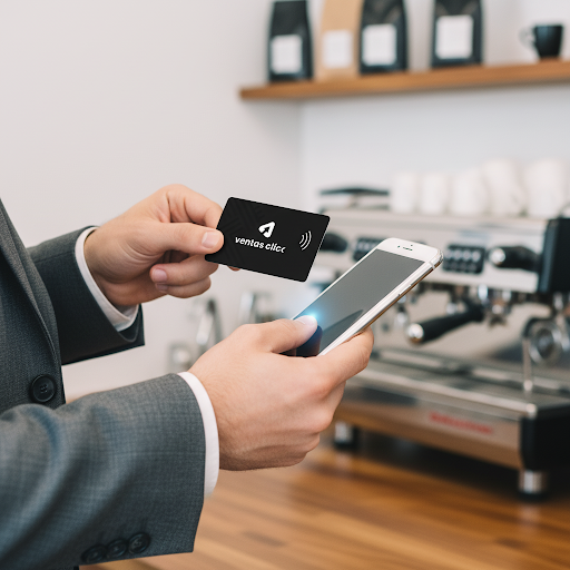 Business owner's hand holding a matte black NFC business card with the white Ventasclick logo while a customer taps it with a smartphone.